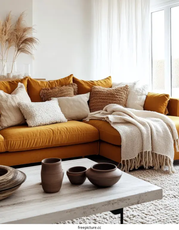 Modern Living Room Interior Design with Mustard Sofa