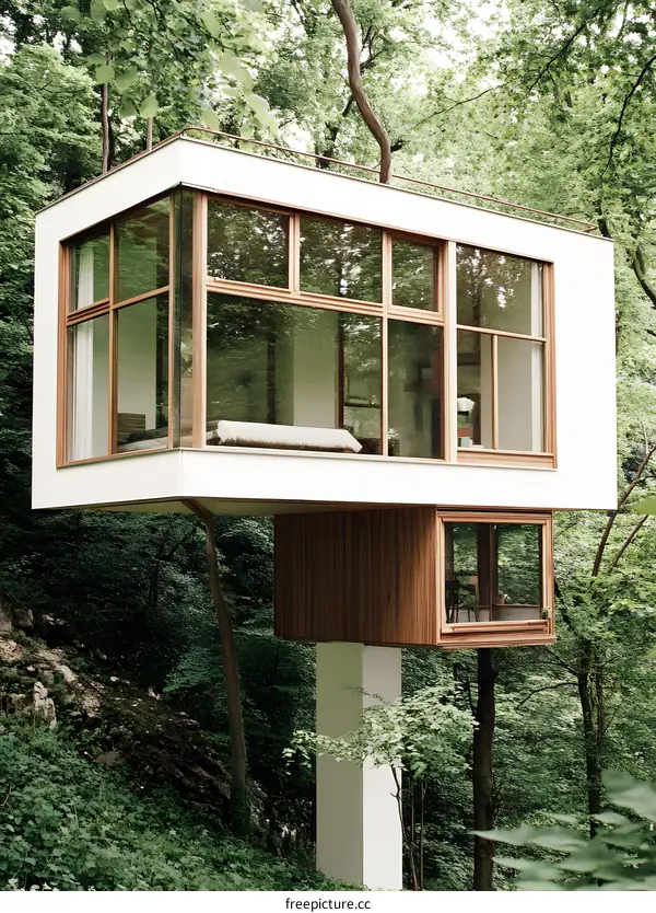 Modern Treehouse Architecture With Large Windows in the Woods