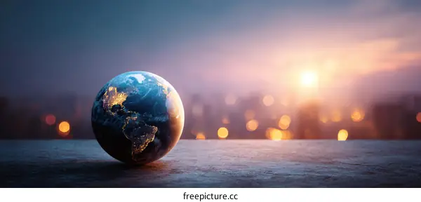 Earth Globe in Cityscape Sunrise