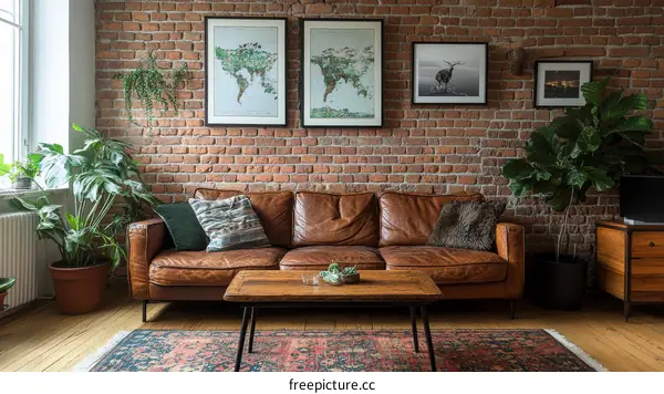 Rustic Living Room with Leather Sofa and Brick Wall