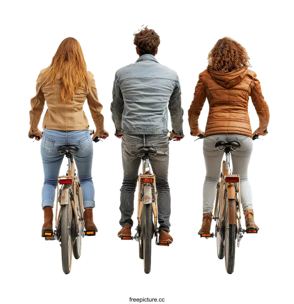 [Transparent Background PNG]Three People Riding Bikes on White Background