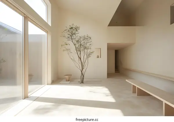 Minimalist Interior Design with a Small Tree and Wooden Bench