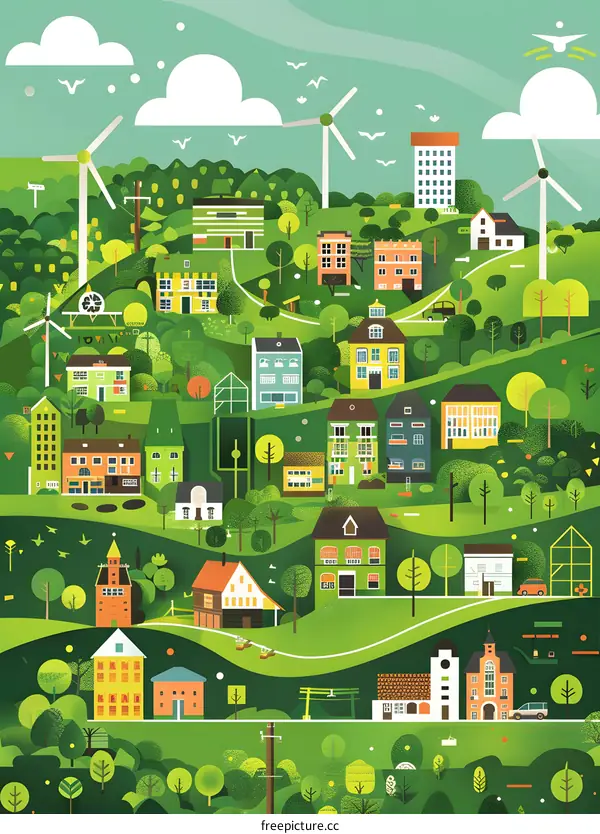 Green City with Windmills and Houses