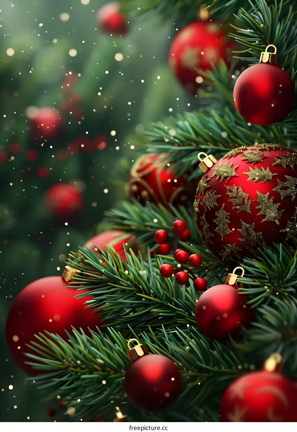 Red Christmas ornaments hanging on a fir tree branch with blurred background