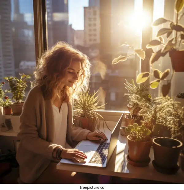 Young woman working on laptop in home office surrounded by plants