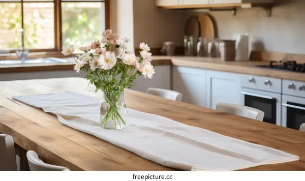 Rustic Kitchen Table with a Bouquet of Flowers