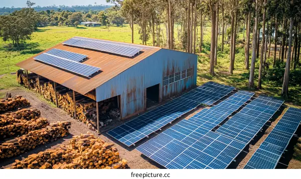 Rural Solar Power Farm with Wooden Storage