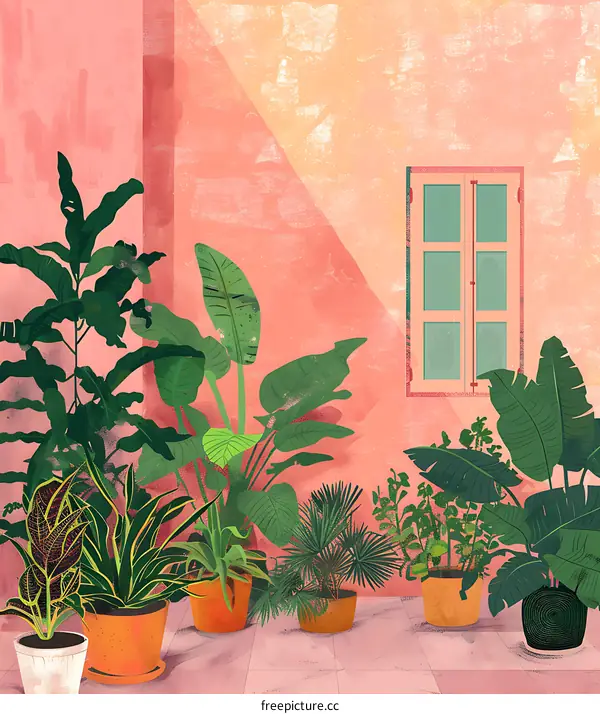 Pink Wall With Green Plants