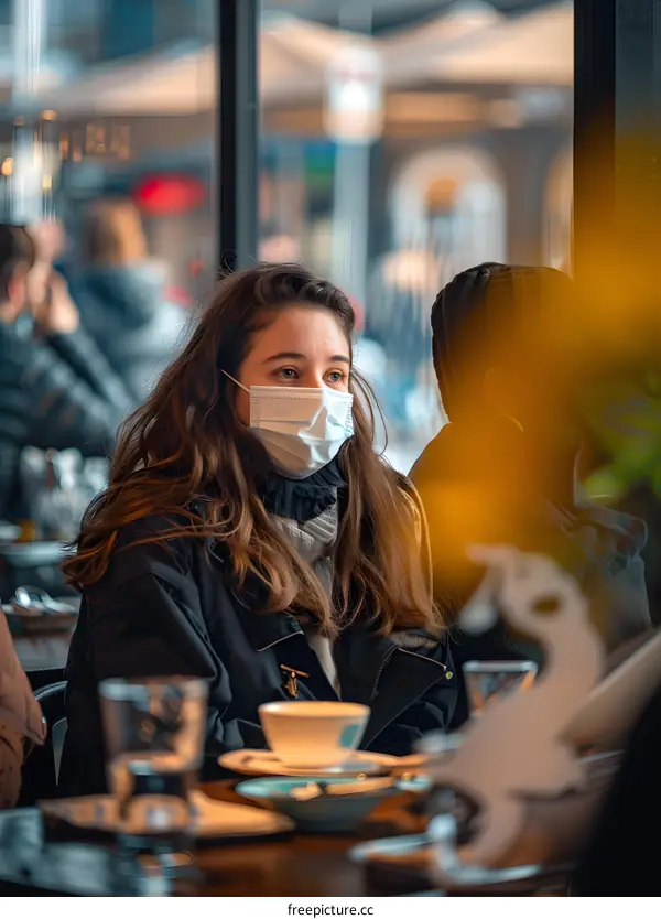 Woman Wearing a Face Mask Sitting at a Table in a Cafe