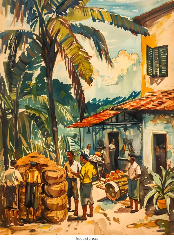 Watercolor Painting of a Tropical Market Scene in a Caribbean Country