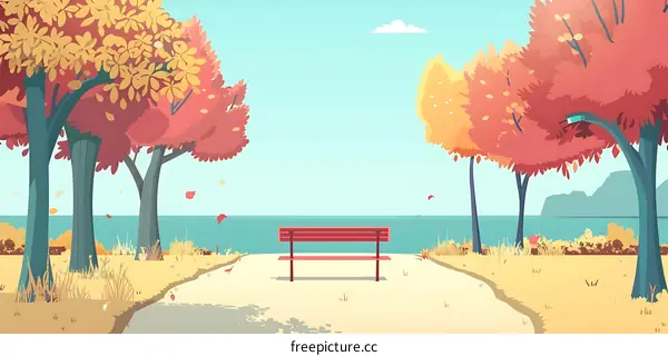 Red Wooden Bench In Autumn Park Landscape Illustration