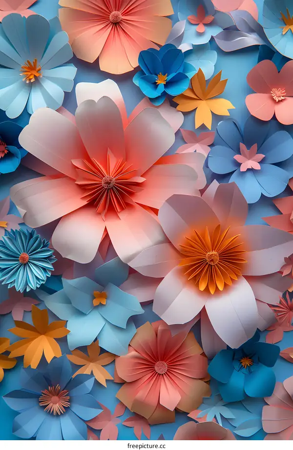 Colorful Paper Flowers on Blue Background