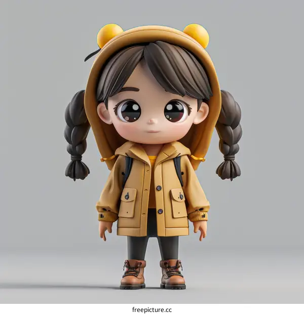 cute cartoon girl with brown hair wearing a yellow jacket and brown boots