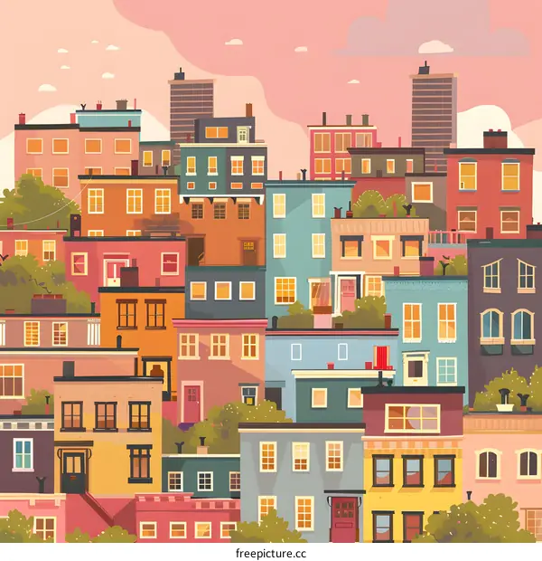 Colorful Cityscape Illustration with Many Buildings and Houses