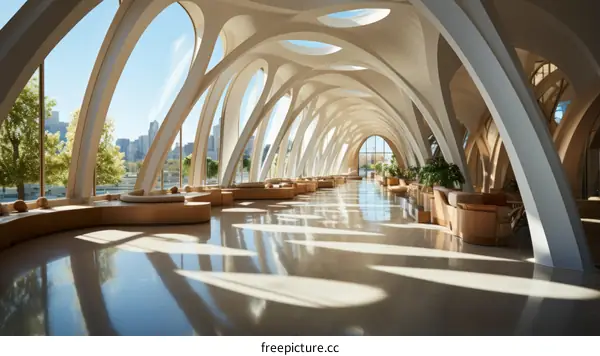 Futuristic interior room design with curved windows and concrete arches