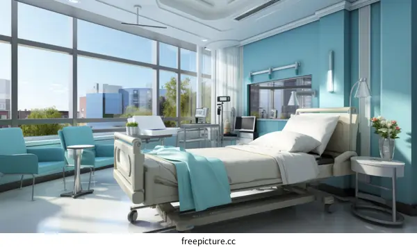 A hospital room with a bed, two chairs, a table, and a window
