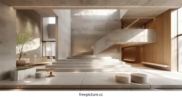 Modern minimalist open concept home interior with stairs and natural light