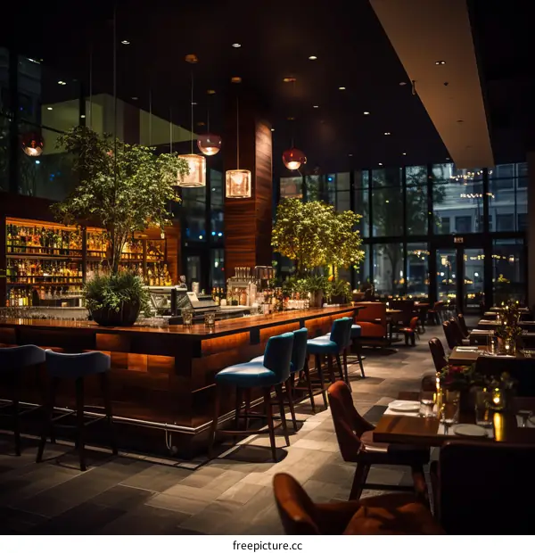 Luxury Bar Interior with Plants and Elegant Seating