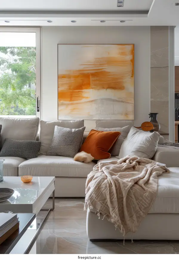 Modern living room with bright white sofa and orange abstract painting