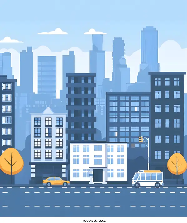 Modern Cityscape Illustration with Buildings, Cars and Bus