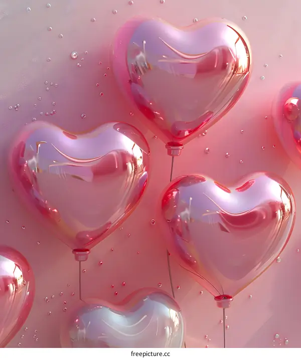 Pink heart-shaped balloons on a pink background.