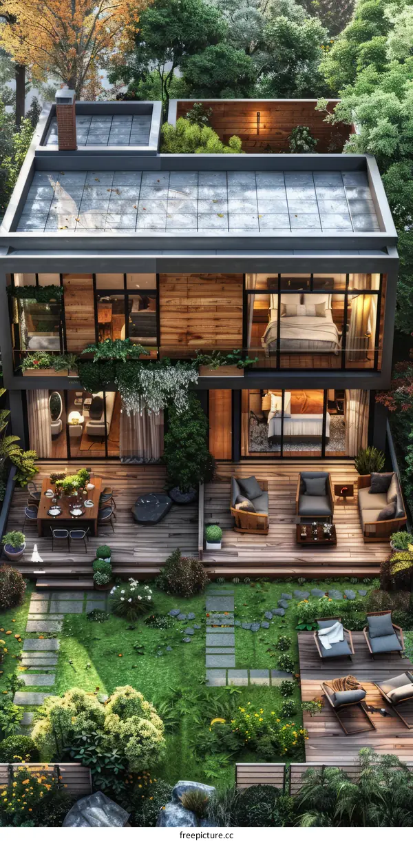 Modern two-story house with a beautiful garden and terrace