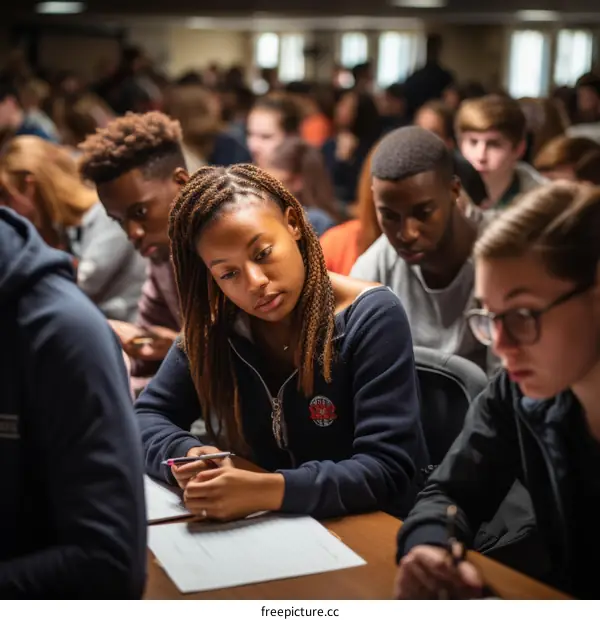 A group of diverse high school students sitting in a classroom and writing.