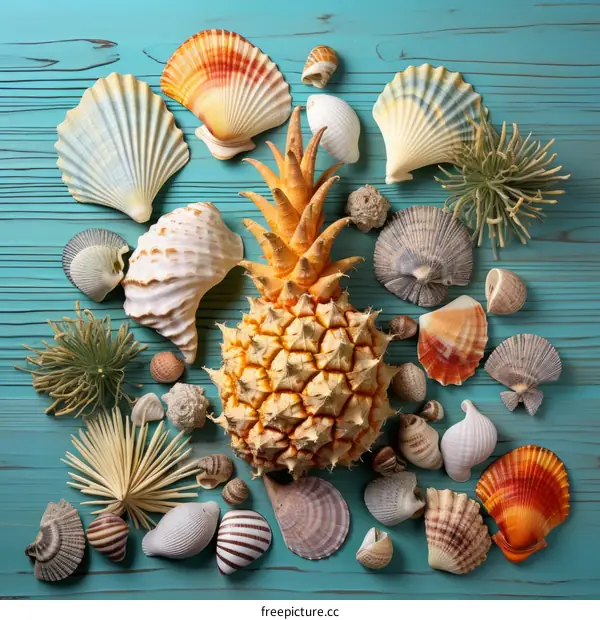Tropical summer vibes: A pineapple surrounded by seashells