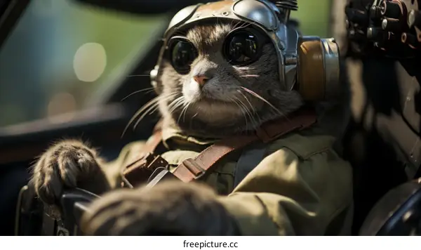 A cat wearing an aviator helmet flying an airplane