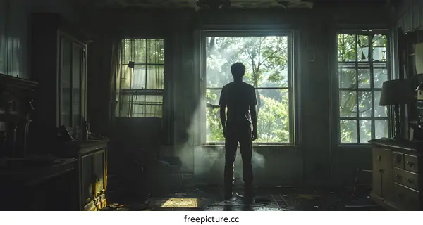 Man standing in a ruined room looking out at the forest