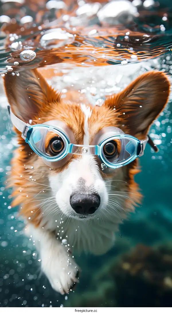 A cute corgi dog wearing swimming goggles swims underwater