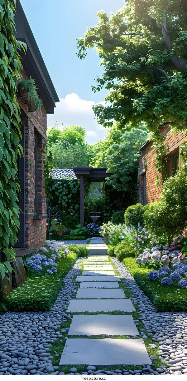 Stone Pathway in a Lush Green Garden with Brick Buildings