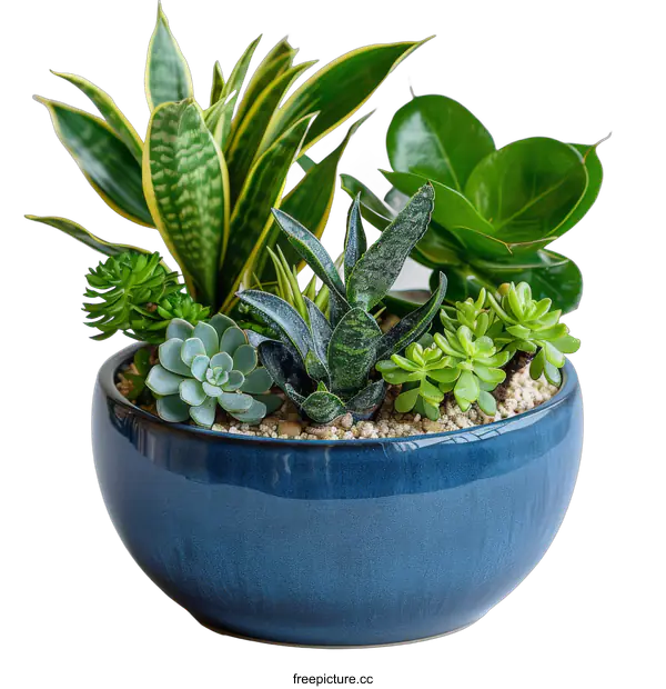 [Transparent Background PNG]A beautiful arrangement of succulents and other plants in a blue ceramic bowl.