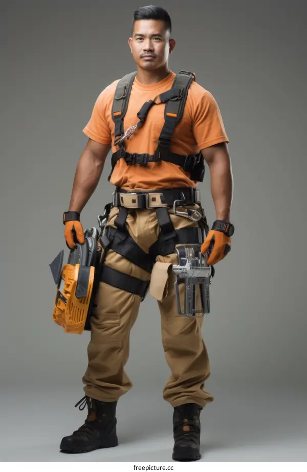 Construction Worker with Safety Gear and Chainsaw