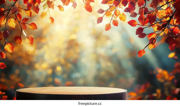 Autumnal Wooden Tabletop with Colorful Leaves