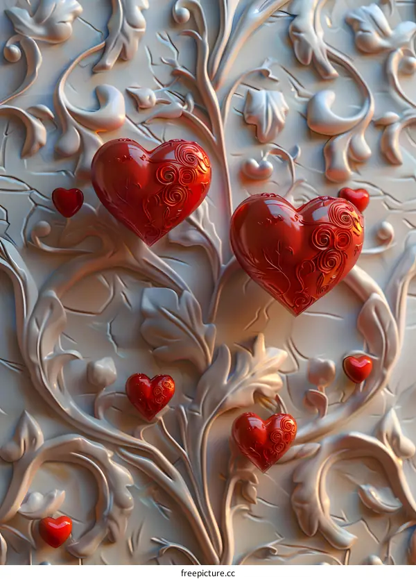 Red hearts on a white carved background