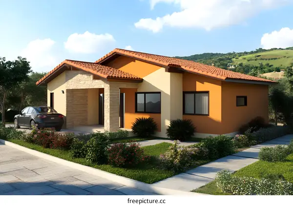 Modern House with Tile Roof and Stone Facade