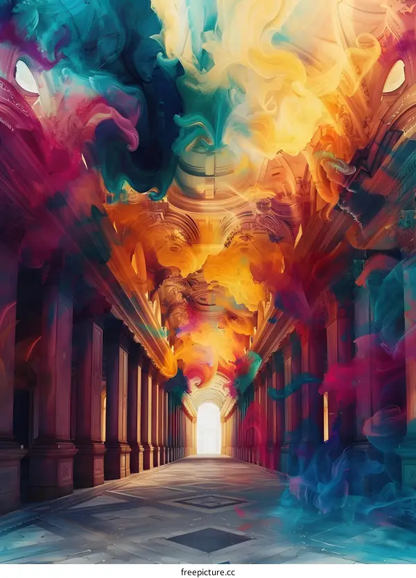 Abstract Painting of a Hallway With Columns
