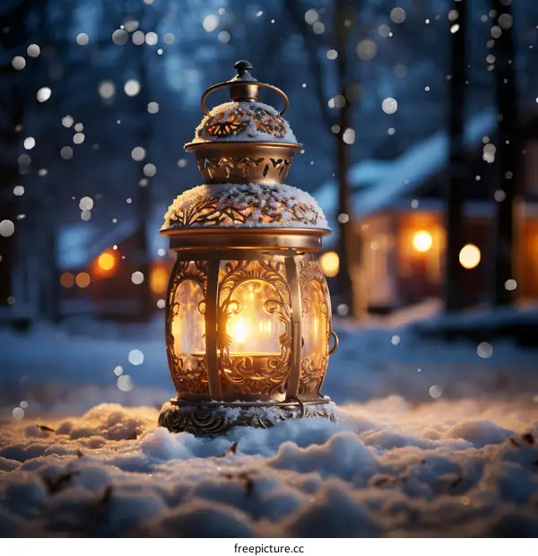 Winter Lantern in Snow Covered Garden