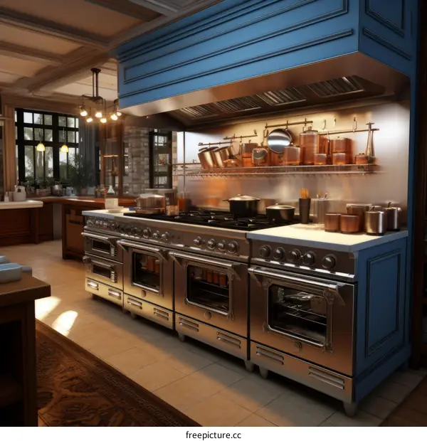 Blue and Brown Kitchen with Large Stove