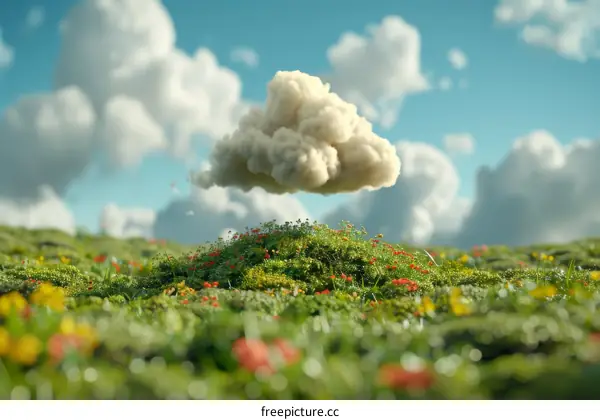 A Fluffy Cloud Floating Over a Field of Flowers