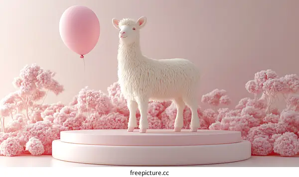 Pink Pastel Scene with Sheep and Balloon