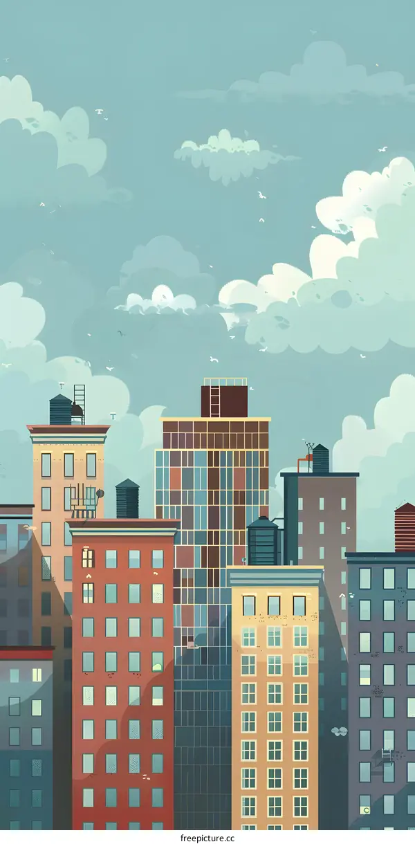 Cityscape Illustration with Colorful Buildings and Clouds