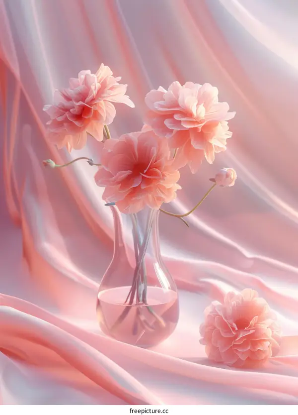 Delicate Pink Flowers in Vase on Soft Fabric