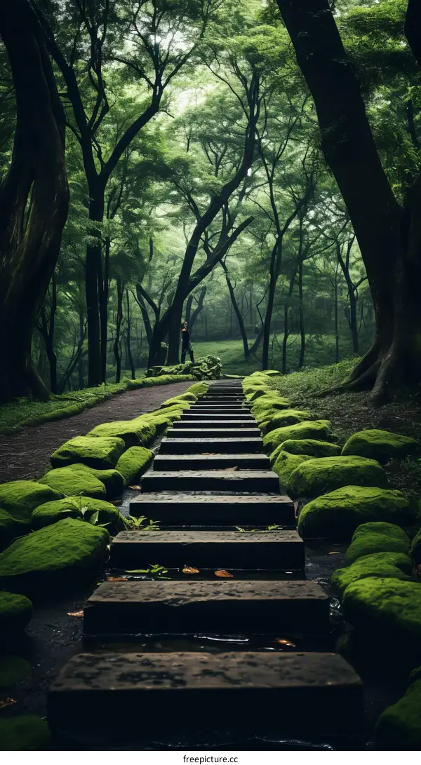 A stone path winds through a lush green forest
