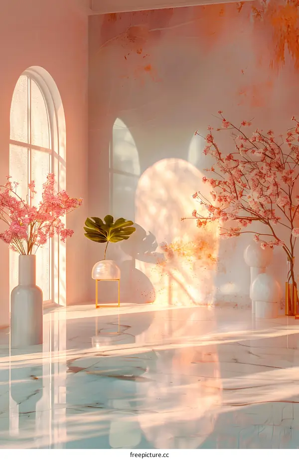 A Room with Vases and Cherry Blossoms Soaked in Soft Sunlight