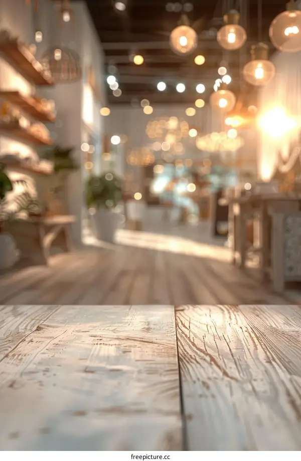 Rustic Wood Table Top With Blurred Bokeh Background