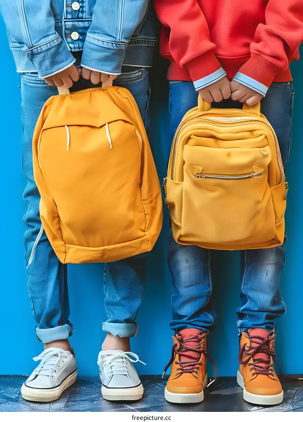 Two Children Wearing Jeans and Carrying Yellow Backpacks