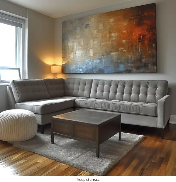 A modern living room with a large gray sectional sofa, a white ottoman, a coffee table, and a colorful painting on the wall