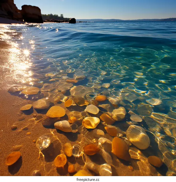 Crystal clear water with smooth polished rocks on the sandy bottom